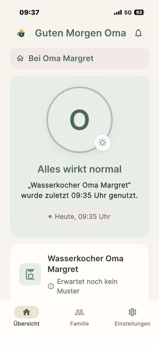 App-Ansicht: Alles wirkt normal – Wasserkocher wurde zuletzt um 09:35 Uhr genutzt