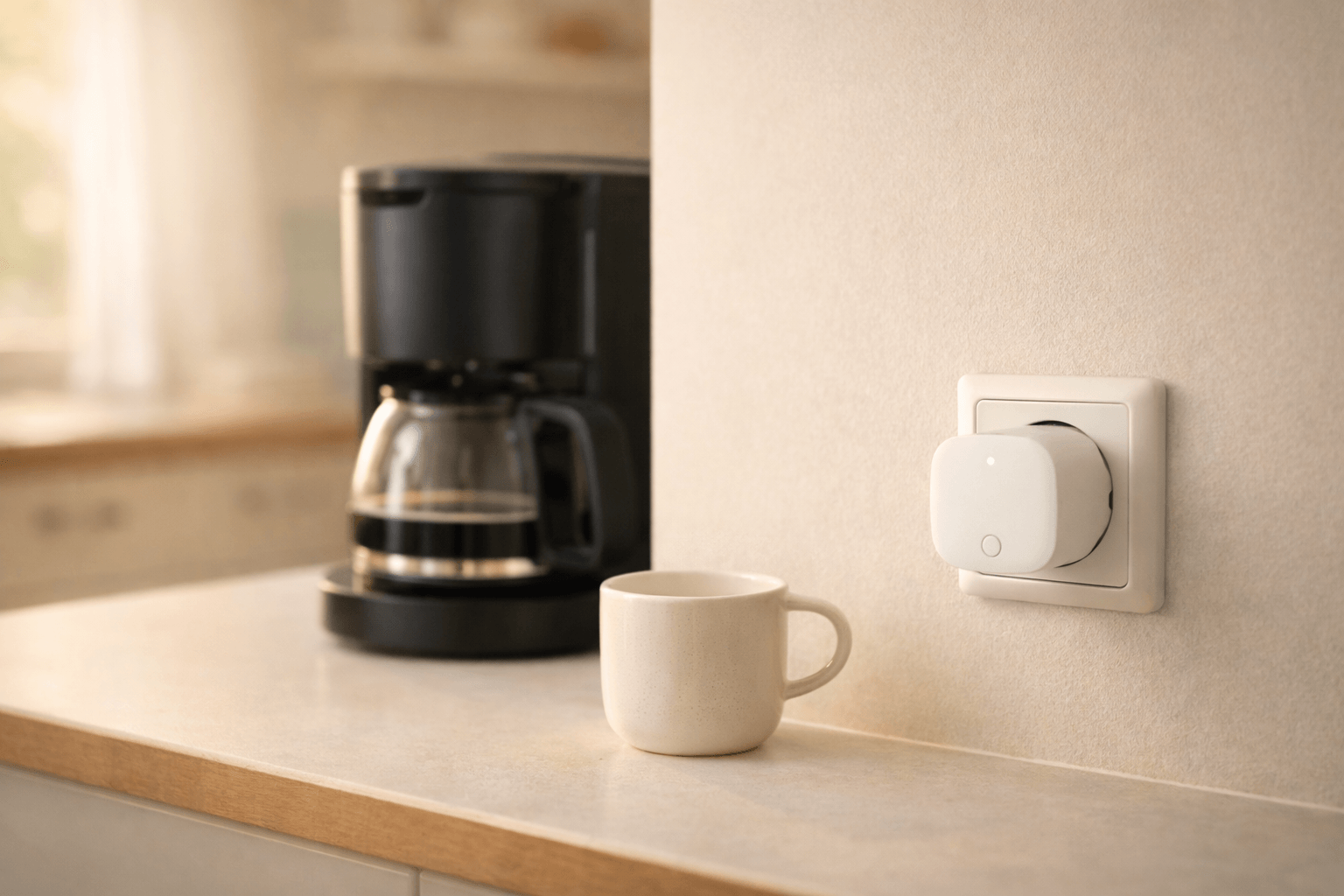 Smarte Steckdose an einer Kaffeemaschine in der Küche