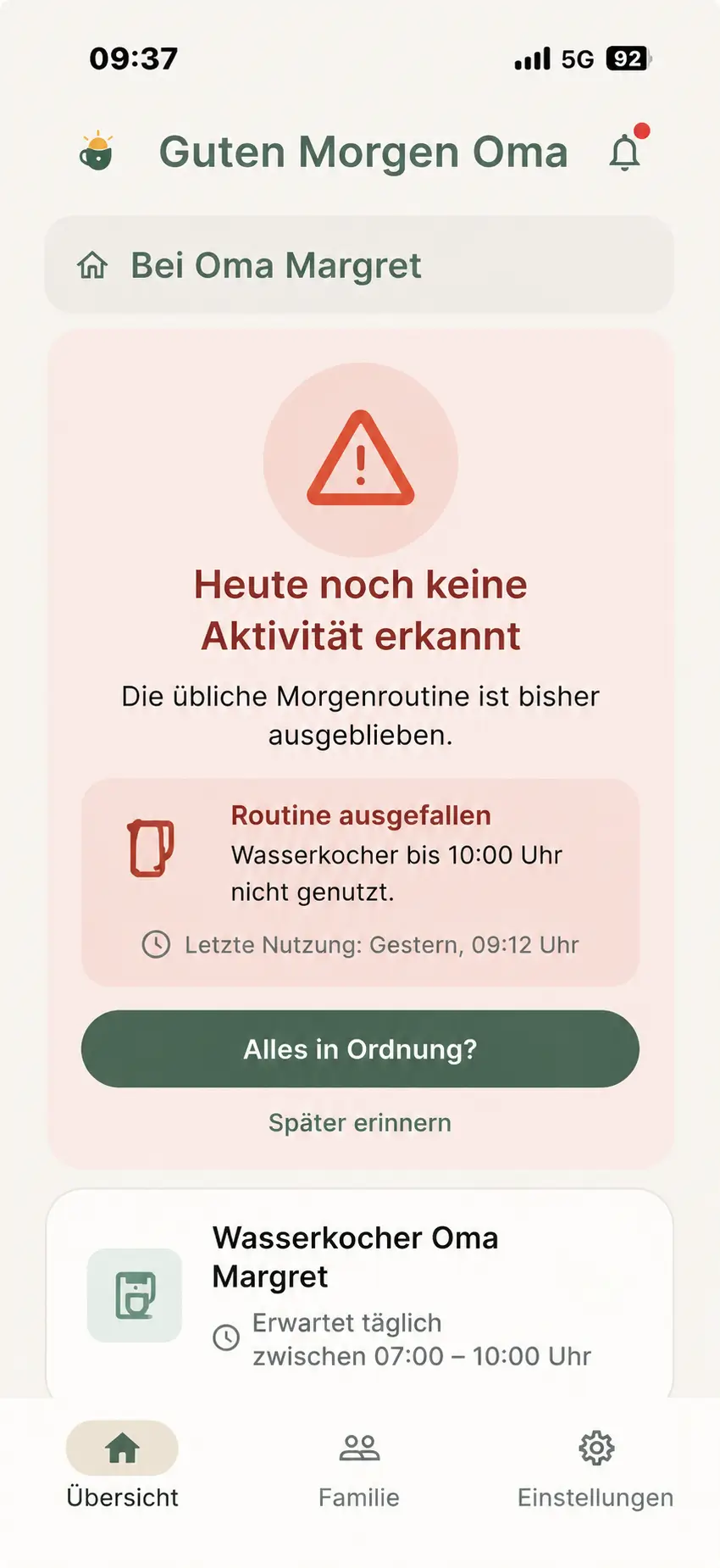 App-Ansicht: Routine ausgefallen – Wasserkocher bis 10:00 Uhr nicht genutzt
