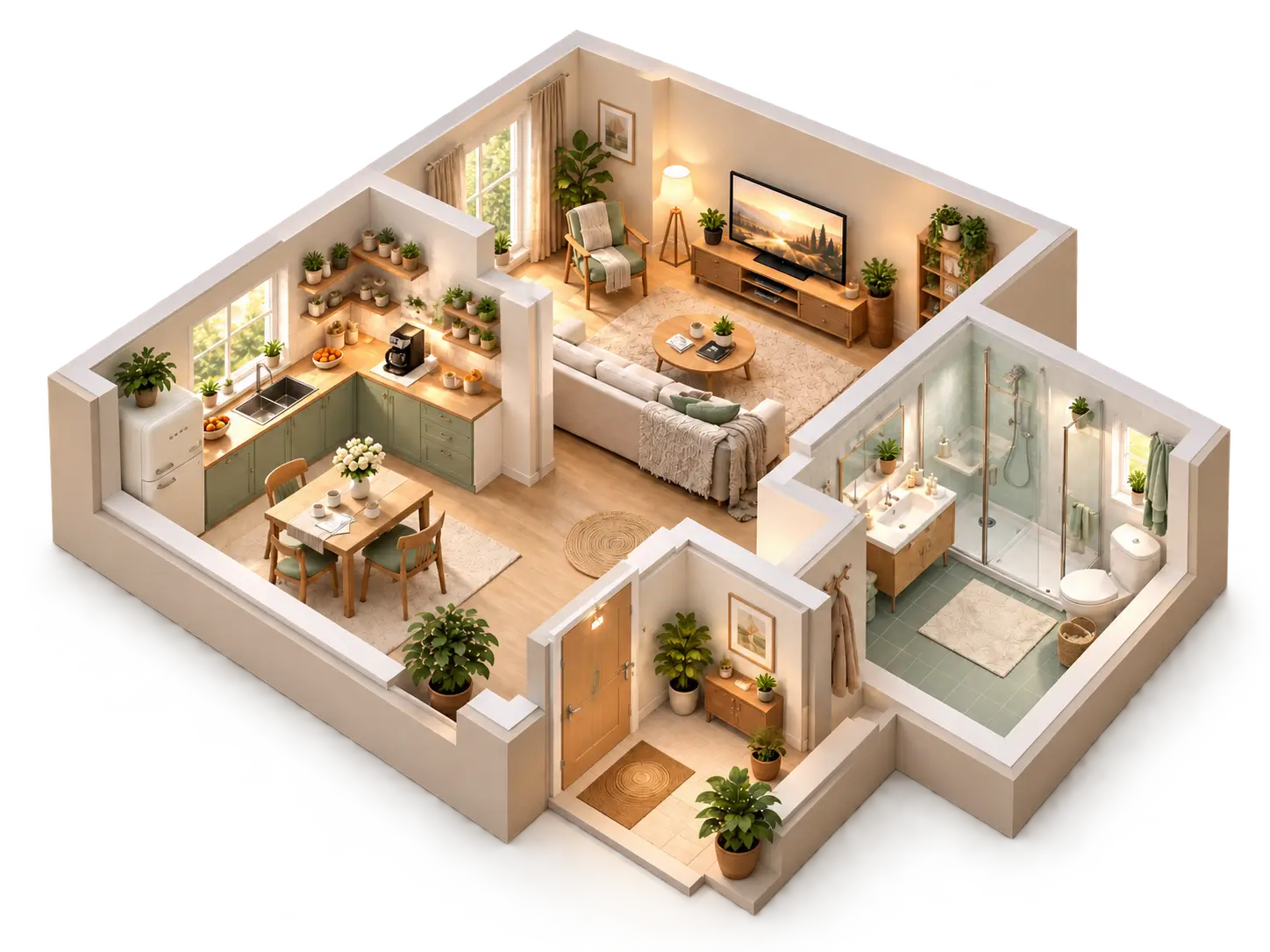 Omas Wohnung von oben mit Küche, Wohnzimmer und Bad